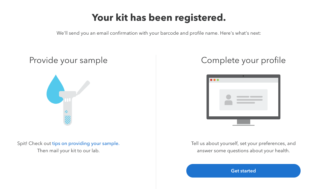 The page displayed after customers have submitted their registration information