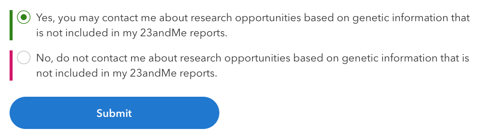The options to opt in or opt out of being contacted about potential research opportunities