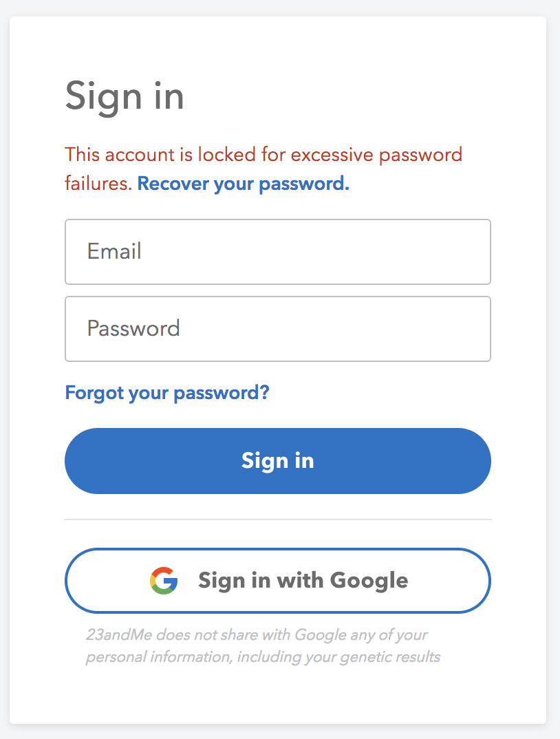The screen that appears if the account is locked and linked with Google