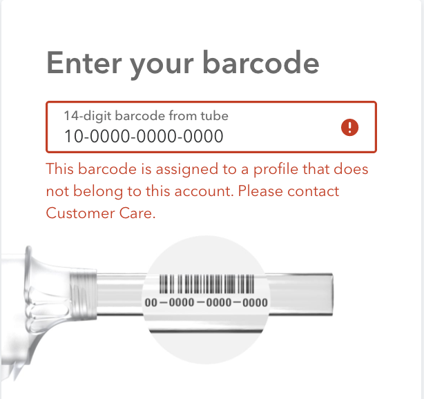 The error message that says This barcode is assigned to a profile that does not belong to this account. Please contact Customer Care.
