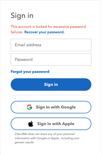 The screen that appears if the account is locked and linked with Apple