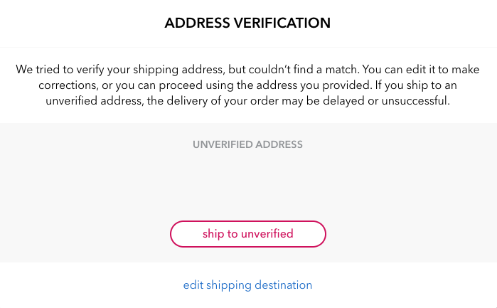 Example of the Address Verification pop-up