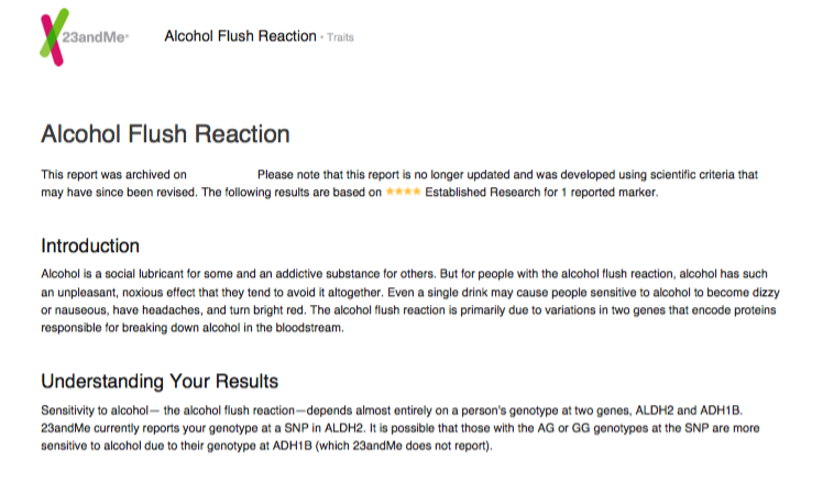 A snapshot of a sample Traits report -- Alcohol Flush Reaction -- that is available as an Archived Report.